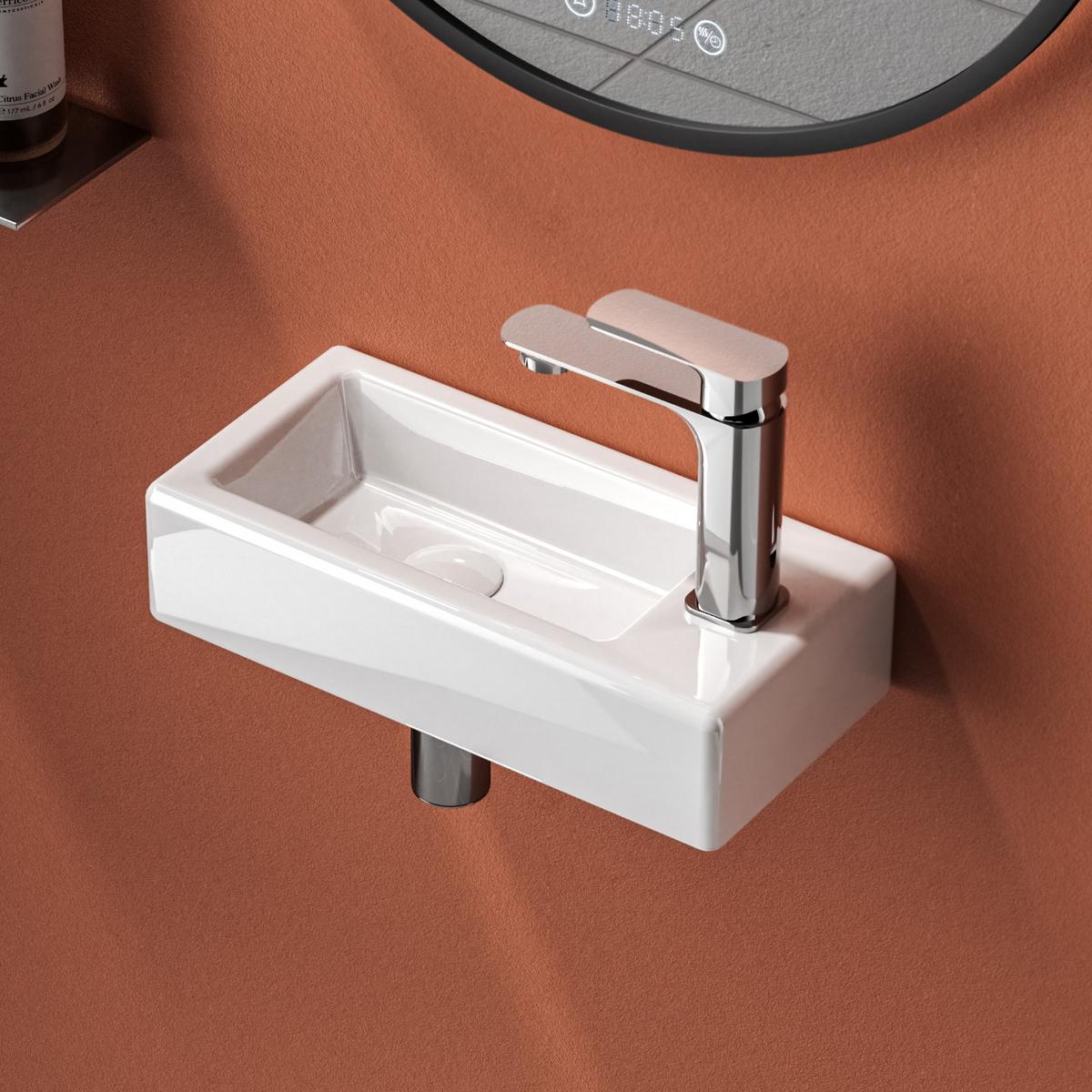 HANDWASCHBECKEN mit Hahnloch rechts Glänzend Weiß 37 / 17,8 / 9,5 cm - Weiß Hochglanz, Keramik (37/9.5/17.8cm) - EMKE