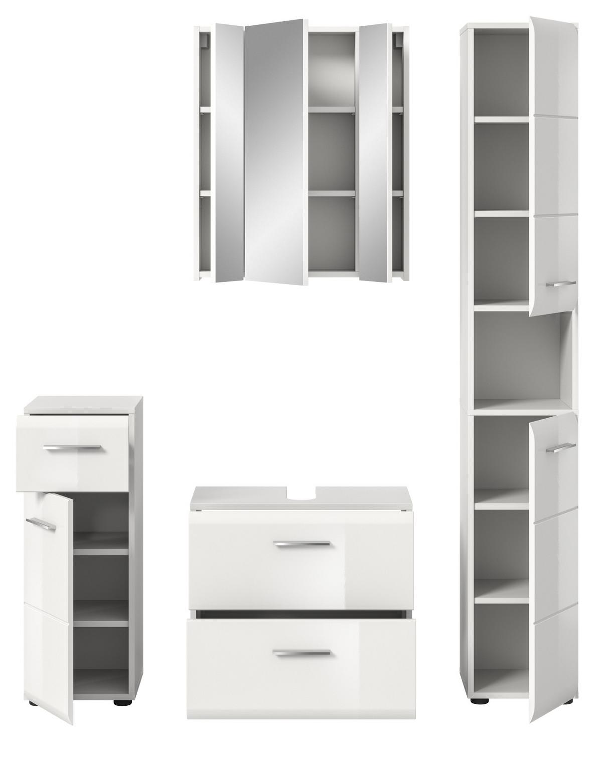 BADMÖBEL-SET 4-teilig in weiß Hochglanz Badkombination 150 x 185 cm Cover - Weiß Hochglanz/Silberfarben, Holzwerkstoff/Kunststoff (150/185/30cm) - Inn.Furn