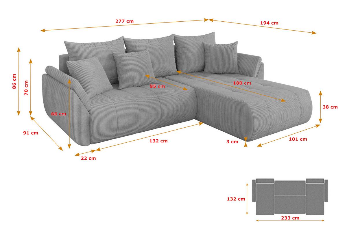 ECKSOFA mit Schlaffunktion Ottomane Rechts TOKO-L 277x194x86 Grau Cord - Schwarz/Grau, Holzwerkstoff/Kunststoff (277/194cm) - ALTDECOR