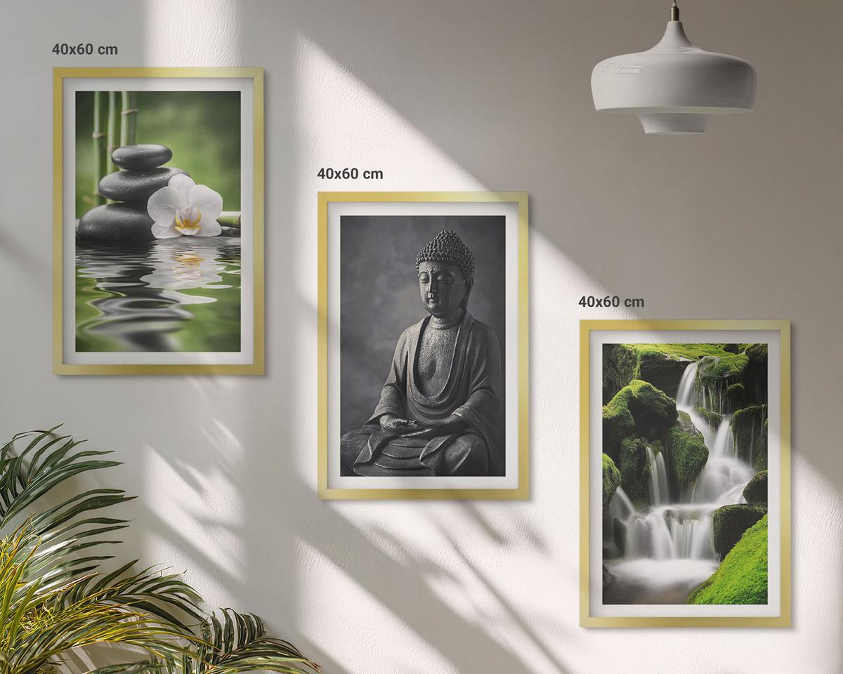 BILDER SET 3er Set - 40x60 cm Goldrahmen - Entspannende Zen-Wassermalerei - Goldfarben, Kunststoff (40/60cm) - TULUP