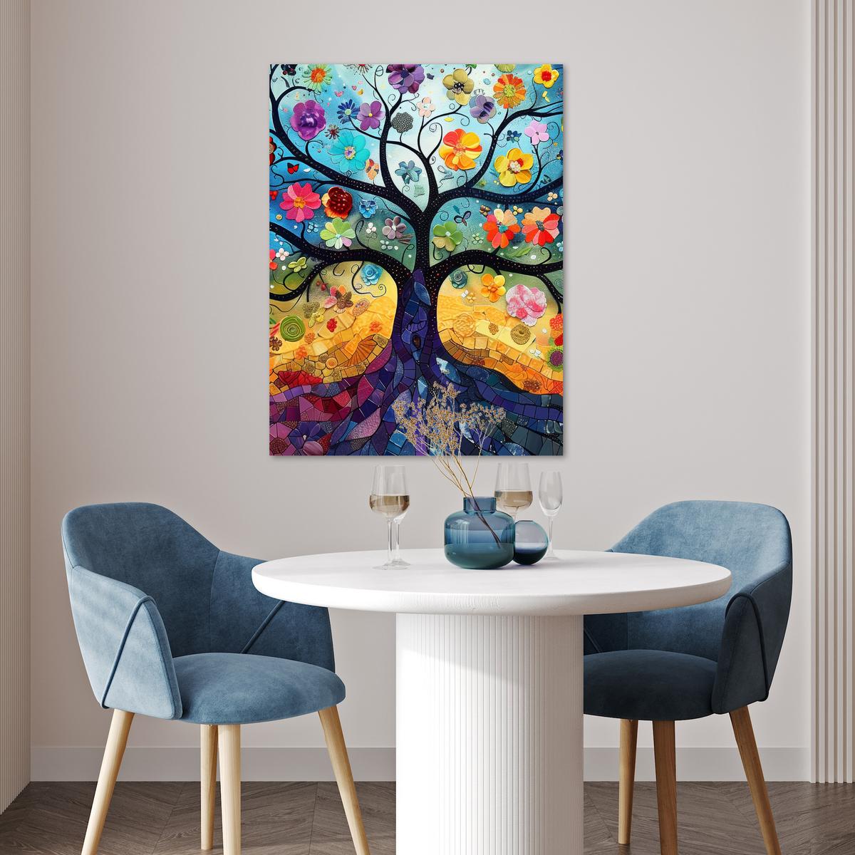POSTER Kunst - Baum des Lebens - Blumen - Hippie Deko Wohnzimmer 60x80 cm - Dunkelblau, Papier (60/80/0.1cm) - MuchoWow
