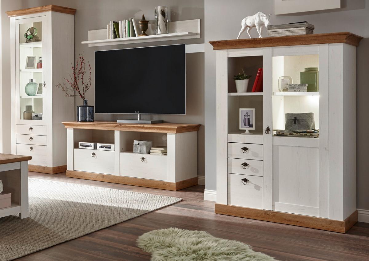 WOHNWAND Pinie weiß, Eiche Wotan 4-teilig 356 cm, Schrankwand im Landhaus-Stil - Silberfarben/Eiche Wotan, Glas/Holzwerkstoff (356/204/52cm) - Furn.Design