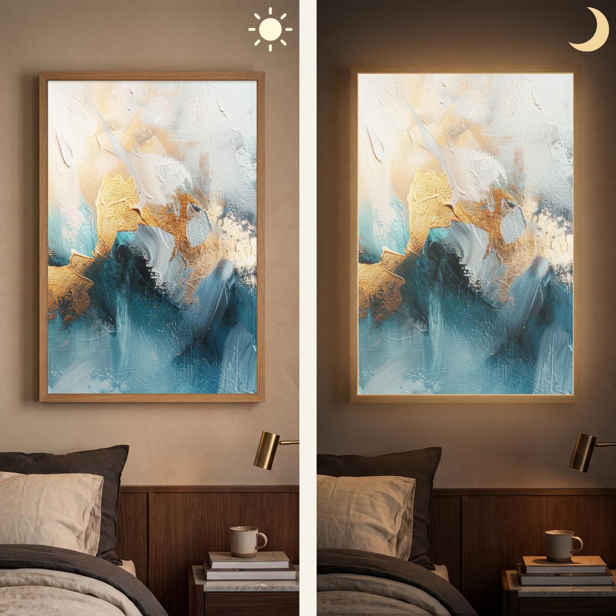 WANDLEUCHTE MIT AKKU Abstrakt - Kunst - Gold - Blau 70x100 cm - Türkis, Holzwerkstoff (70/100/8cm) - OnlyWow