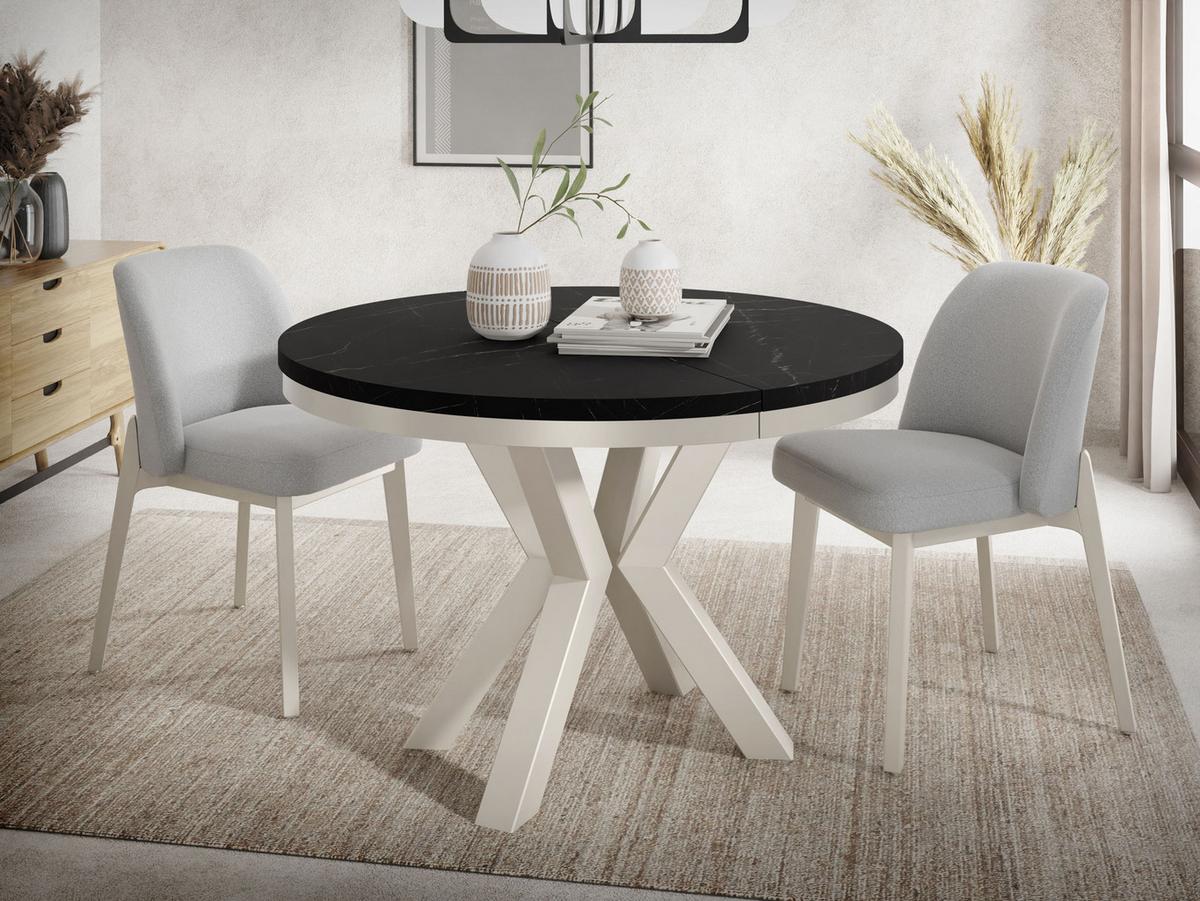ESSTISCH Clara Grau-Beige runder ausziehbarer, Marmor Schwarz 120-200/120/76 cm - Greige/Anthrazit, Holzwerkstoff/Metall (120/196/76cm) - WFL GROUP