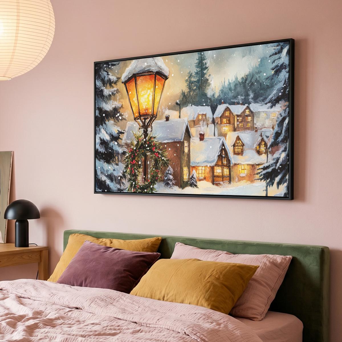 LEINWAND Bilder mit Rahmen - Weihnachtsdorf - Häuser - Schnee - Weihnachten - 140x90 - Sandfarben, Textil (140/90cm) - MuchoWow