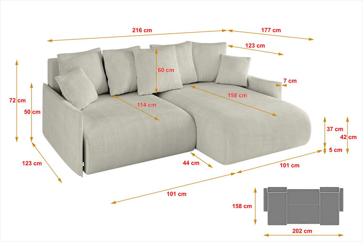 ECKSOFA Ottomane rechts ONESK-L -v1 216x177x72 Creme Cord - Ecru/Creme, Holzwerkstoff/Kunststoff (177/216cm) - ALTDECOR