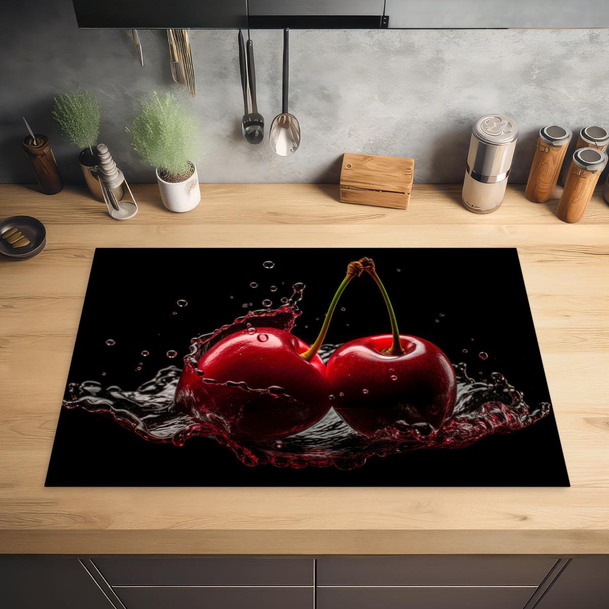 HERDABDECKPLATTE Kirsche - Rot - Frucht - Wasser - Schwarz Induktionsmatte 81x52 cm - Kirschrot, Kunststoff (81/52/0.2cm) - MuchoWow