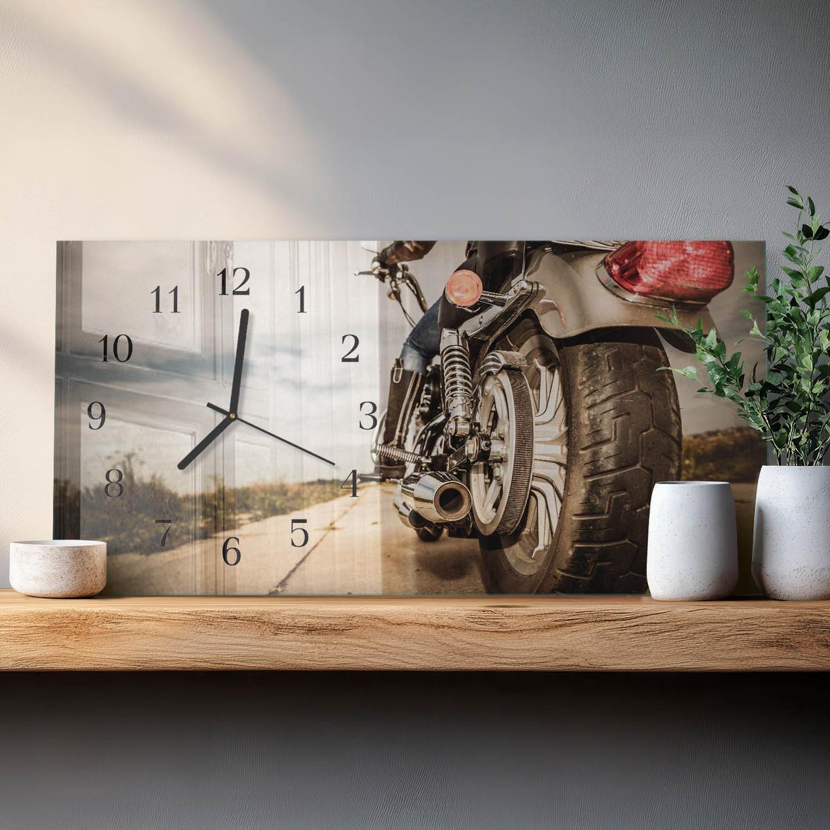 WANDUHR aus Glas 60x30 cm - Motorrad - Beige, Glas (60/30/0.4cm) - TULUP