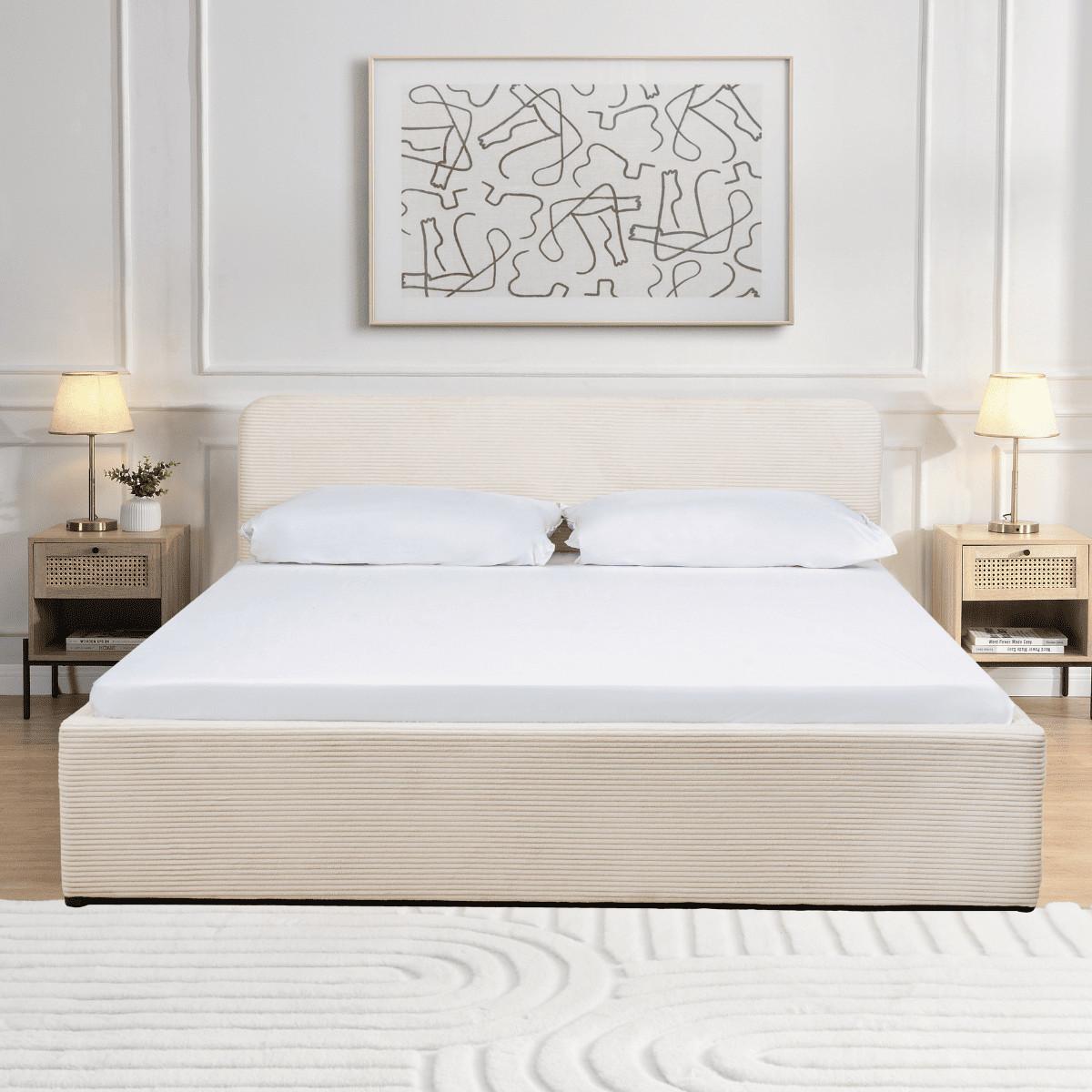 BETTKASTEN 160x200 cm mit kopfteil bezogen mit beigem - livy - Beige, Holz (200/160cm) - Calicosy