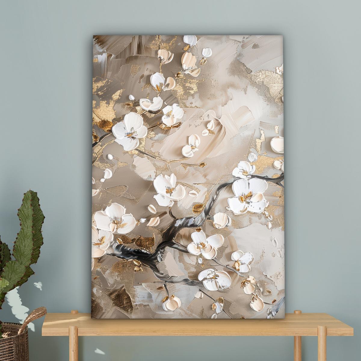 LEINWANDBILD Blumen - Weiß - Gold - Beige - Luxus Wanddeko 40x60 cm - Greige, Textil (40/60cm) - MuchoWow