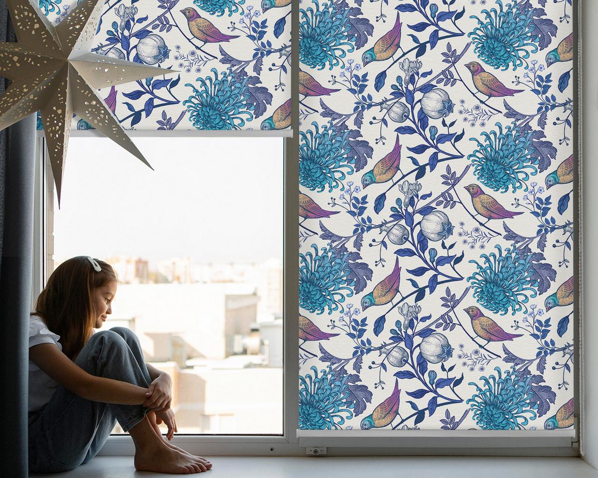 INNENROLLO - Fensterrollo - Rollo - 90x180 cm - Blaue Baumblüten - Blau, Kunststoff (90/180/0.5cm) - TULUP
