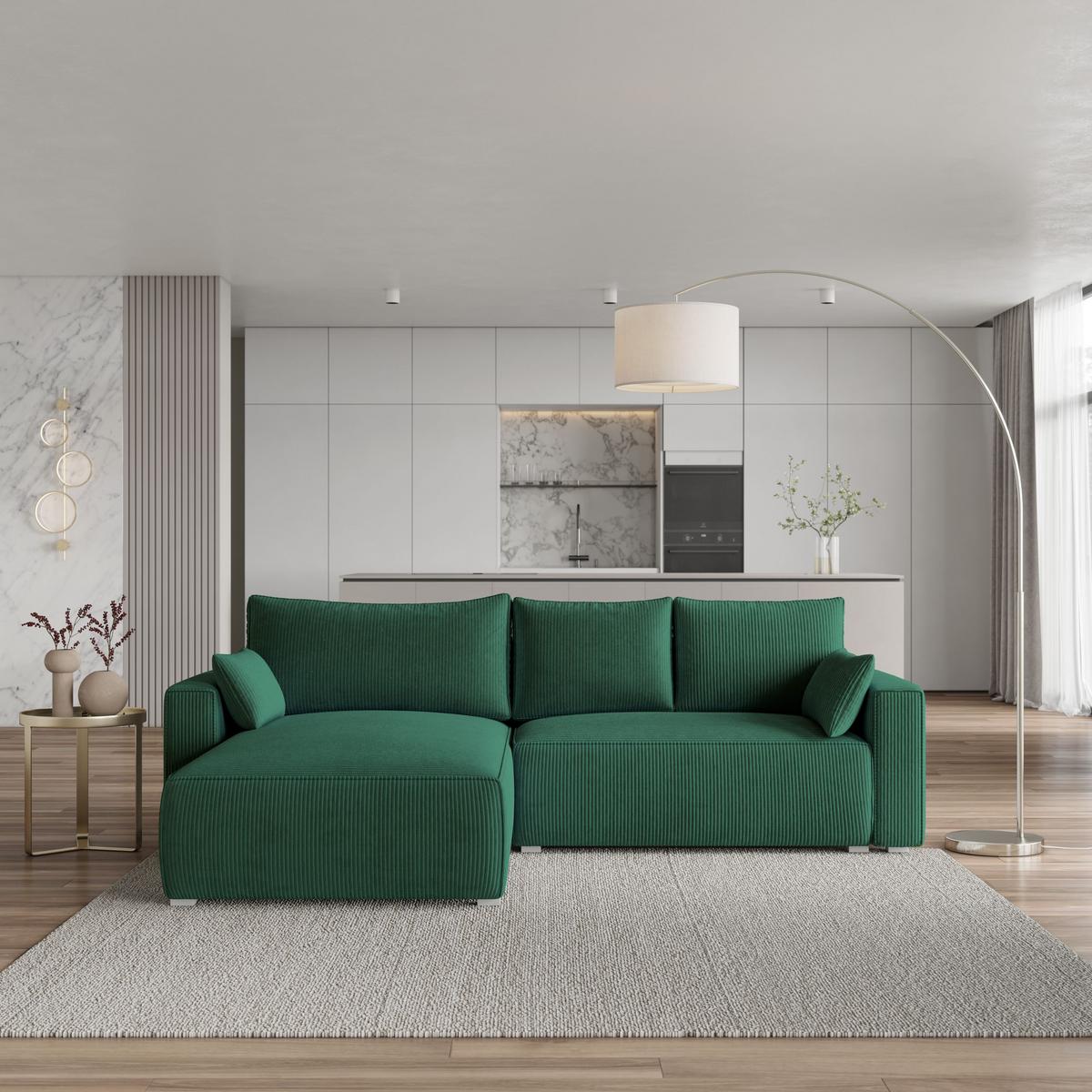 ECKSOFA FORIL P Grün Kordstoff mit Schlaffunktion - Grün, Holz (265/178cm) - MASSENO