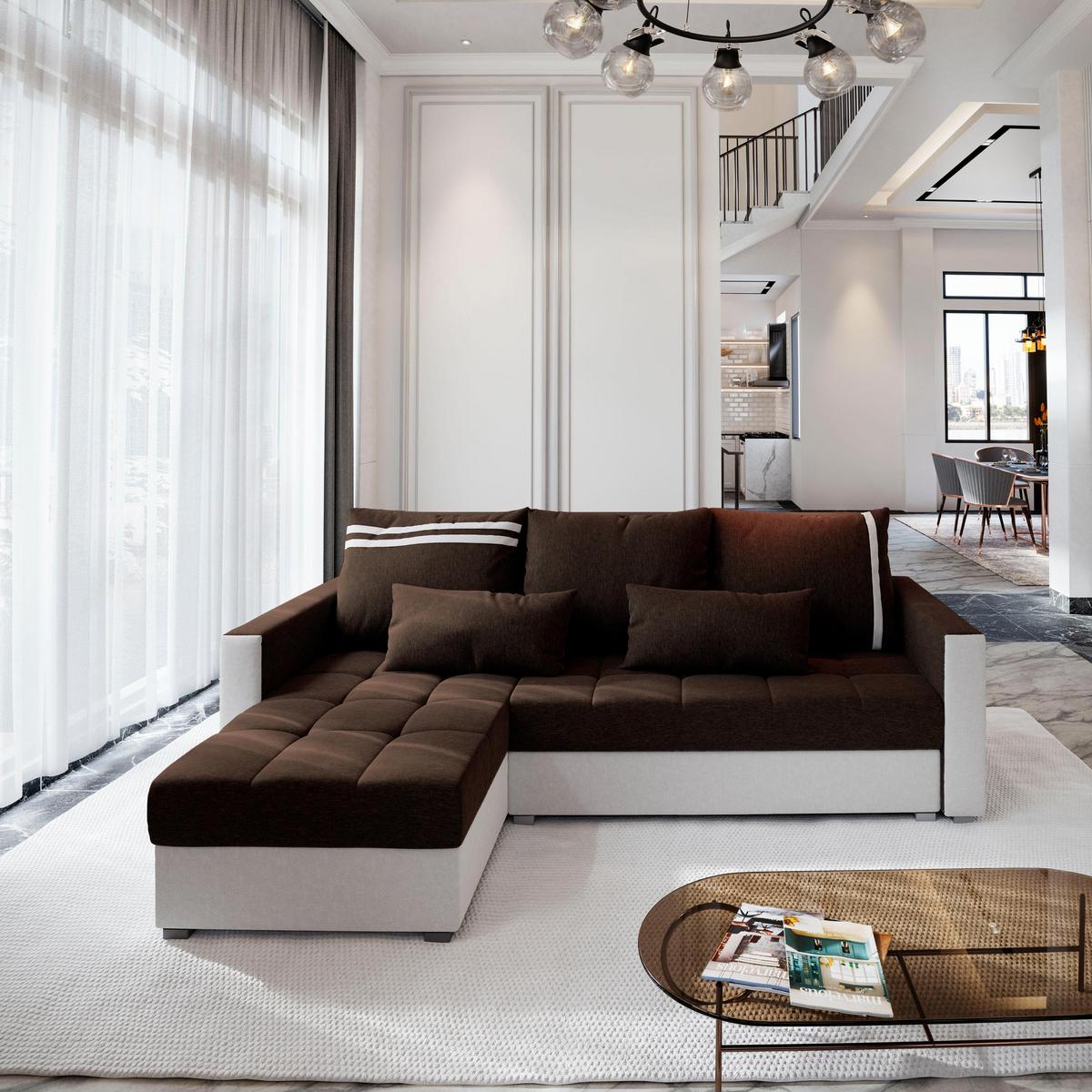 ECKSOFA KOS PIK Braun Dünner Stoff mit Schlaffunktion - Braun/Weiß, Holz/Kunststoff (220/140cm) - MASSENO