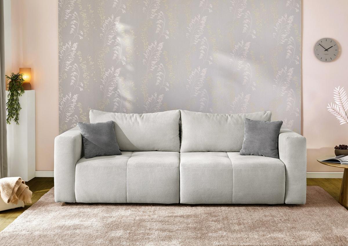 SCHLAFSOFA Verwandlung: Big-Sofa/Eckcouch, 2 Bettkästen, B243/T115-161/H84 cm, Liegefläche 145x197 cm, Waffelcord Silbergrau / 15242 - Silberfarben/Schwarz, Kunststoff/Textil (243/84/115cm) - luma-home