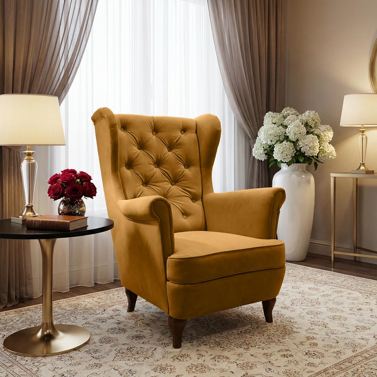 CHESTERFIELD-SESSEL Falco gelb mit Holzbeinen - Currygelb/Wengefarben, Holz/Textil (82/102/92cm) - Beautysofa