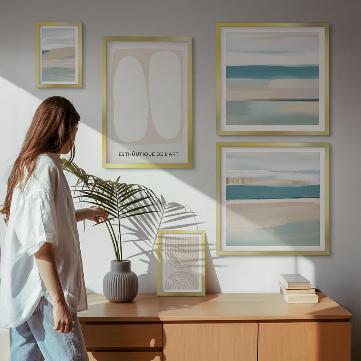 BILDER SET 5er Set - 50x50 cm & 20x30 cm & 40x60 cm Goldrahmen - Abstrakte blaue Landschaften - Goldfarben, Kunststoff (40/60cm) - TULUP