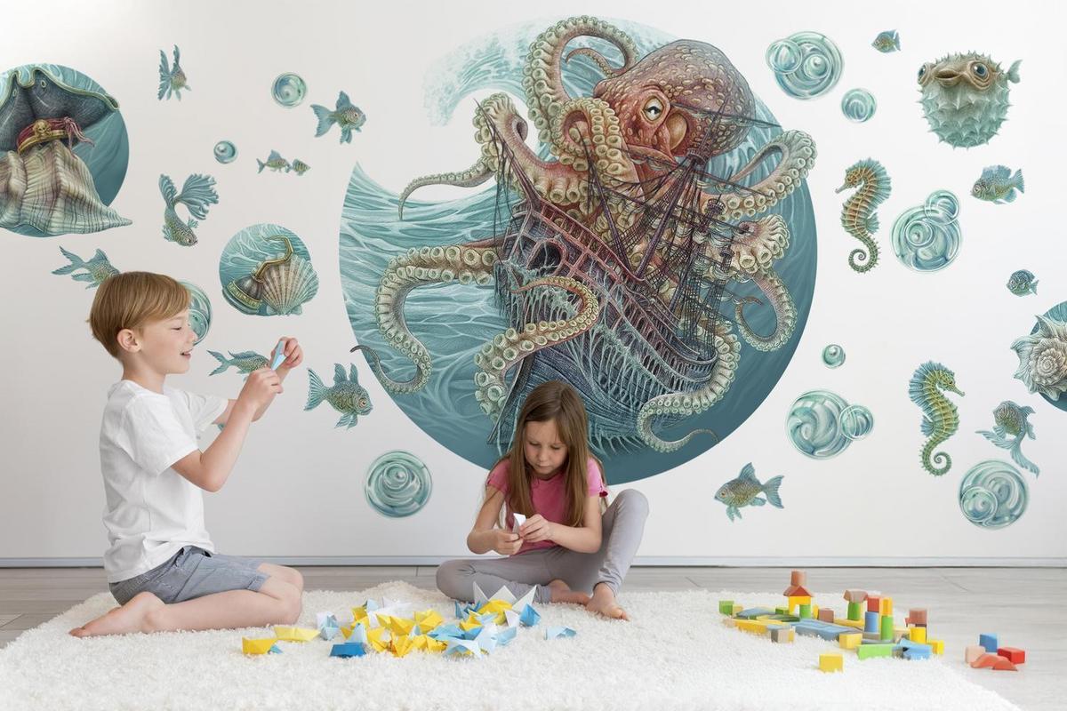 WANDAUFKLEBER 60x70cm - Die Welt des Oktopus - Multicolor, Kunststoff (60/70/0.1cm) - Wallfluent