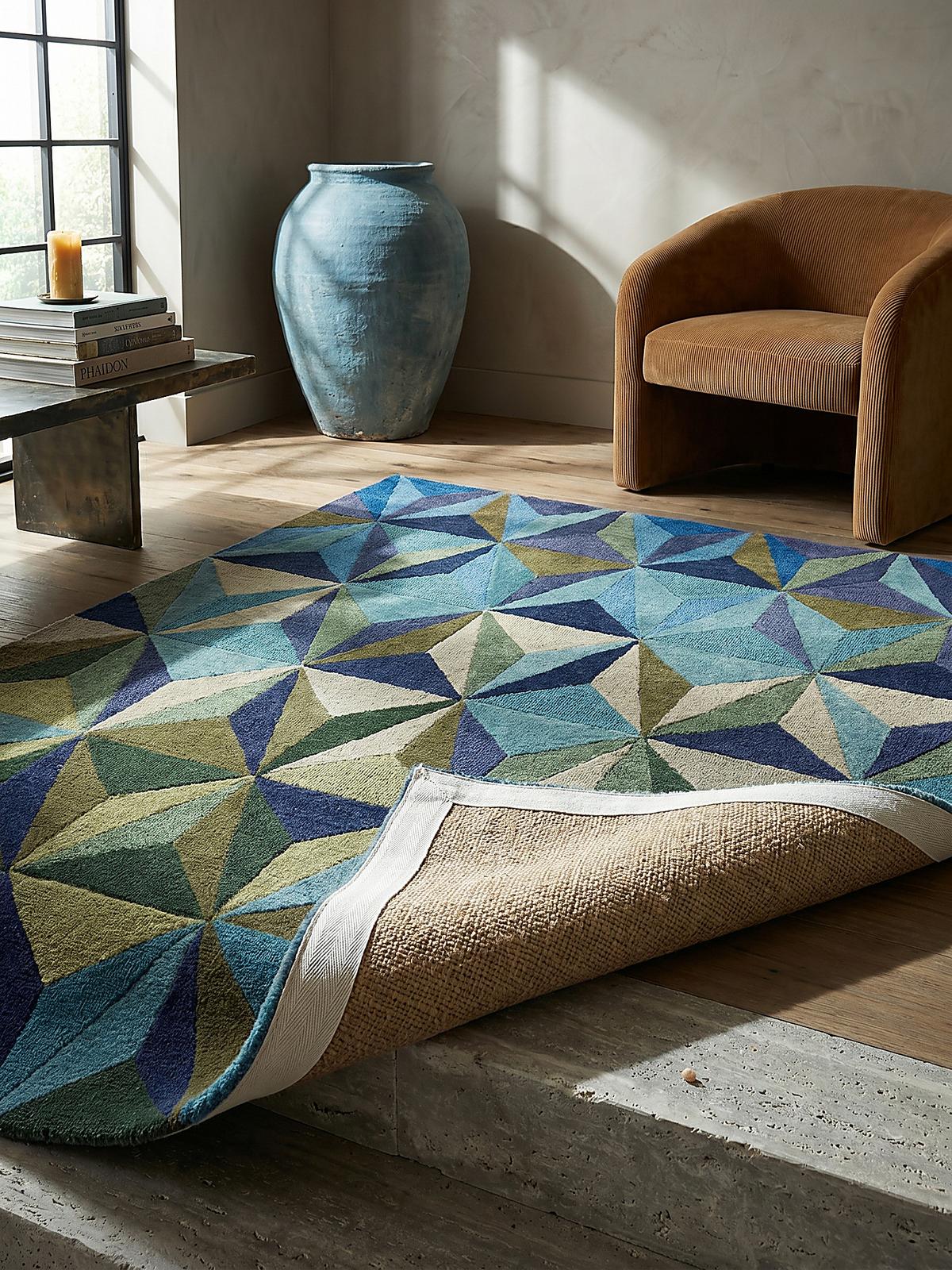 WOLLTEPPICH DERWENT, geometrisch, Florhöhe 10 mm, Blau-Grün, 160 x 230 cm - Blau, Textil (230/160cm) - KADIMA DESIGN