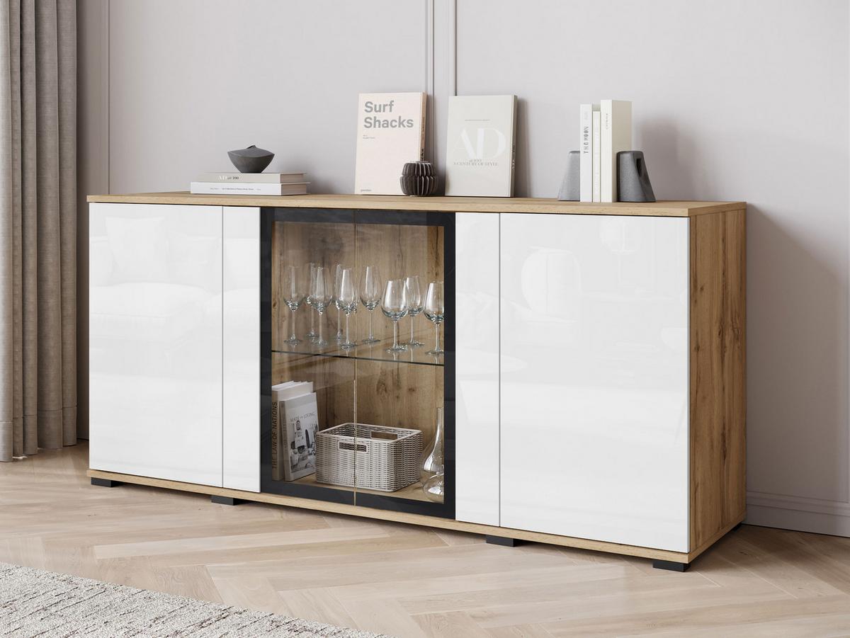 KOMMODE Caro SB 154 4D mit weißer LED Beleuchtung - Eiche Wotan/Schwarz, Holzwerkstoff/Kunststoff (150/70/40cm) - MIRJAN24