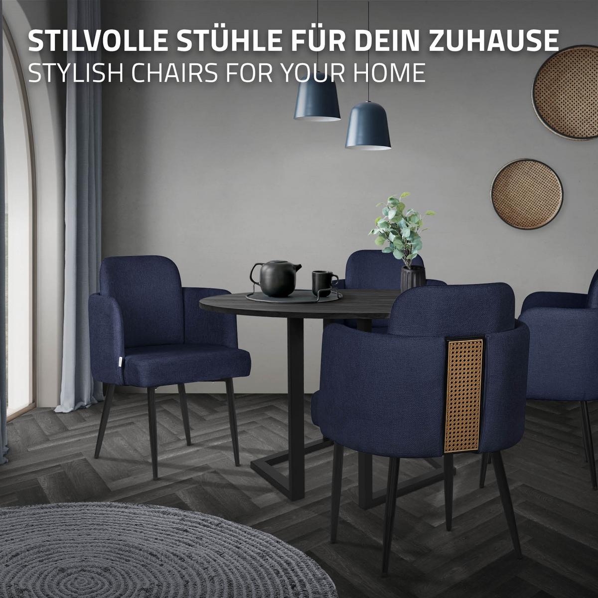 ESSZIMMERSTÜHLE 2er Set Dunkelblau mit Stoffbezug Rattan Optik - Schwarz/Dunkelblau, Textil/Metall (59/86/59cm) - ML-DESIGN