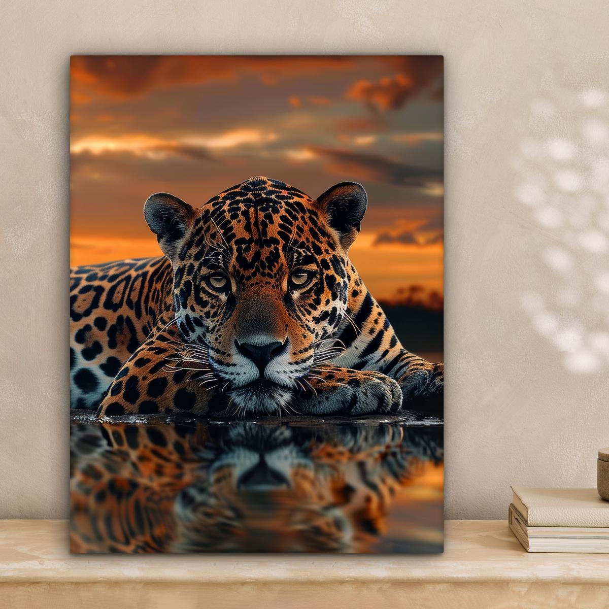 LEINWANDBILD Natur - Leopard - Tier - Sonnenuntergang - Modern Room Decor 30x40 cm - Orange, Textil (30/40cm) - MuchoWow