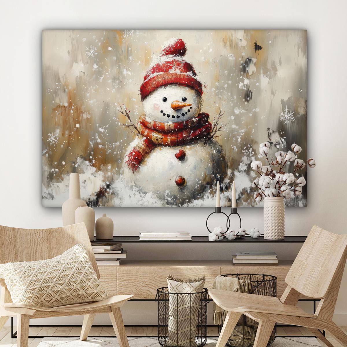 LEINWANDBILD Schneemann - Winter - Schnee - Beige XXL 150x100 cm - Weiß, Textil (150/100cm) - MuchoWow