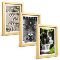 BILDER SET 3er Set - 20x30 cm Goldrahmen - Der Frieden der Steine des Buda Zen-Wasserfalls - Goldfarben, Kunststoff (20/30cm) - TULUP