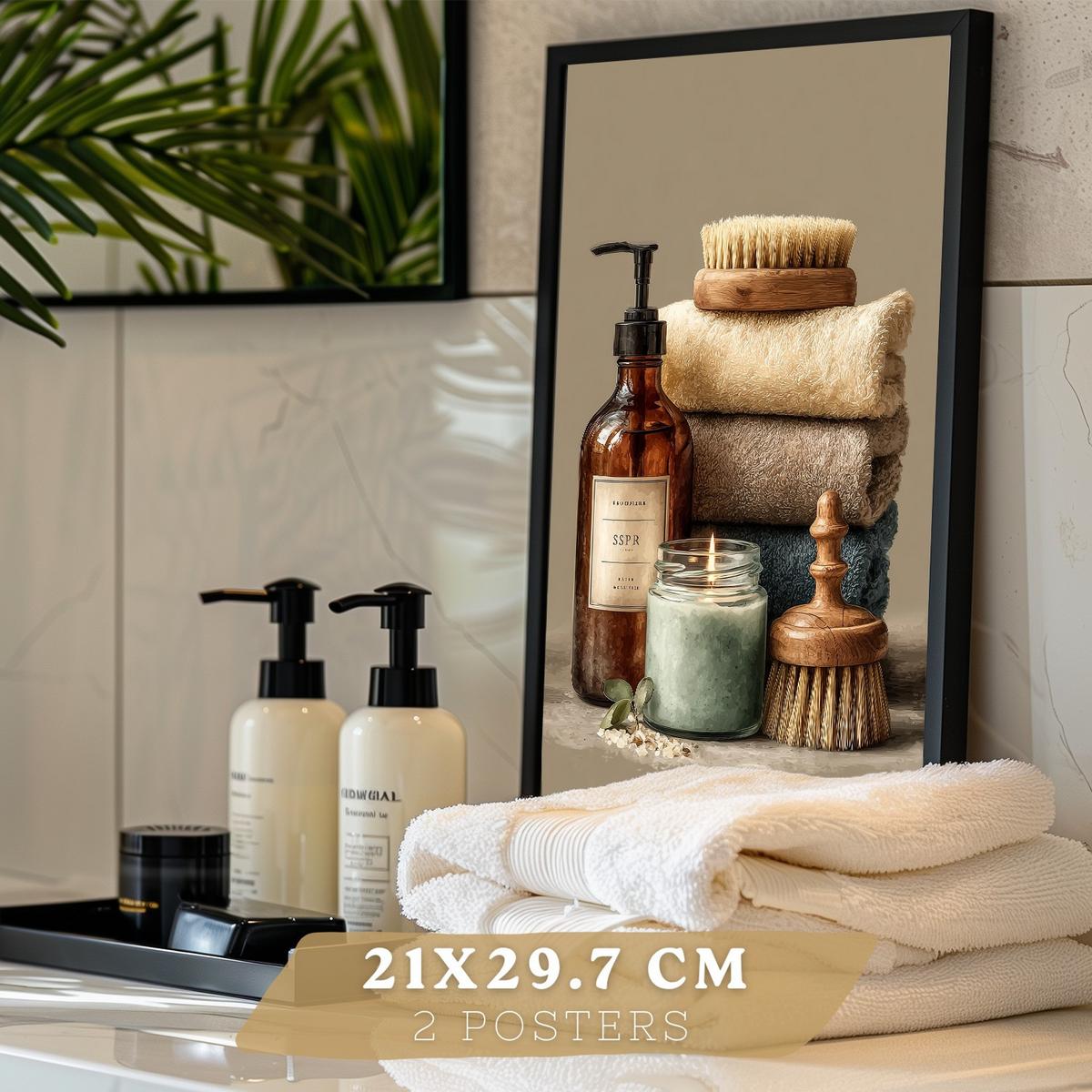 POSTER 2er-Set dekorative Badezimmer-Wandbilder und für Waschbecken, Dusche, WC mit Seifen, Handtüchern und Bürsten, Naturstil Schwarzer Rahmen A4 - Schwarz, Papier (29.7/21/3cm) - Nacnic