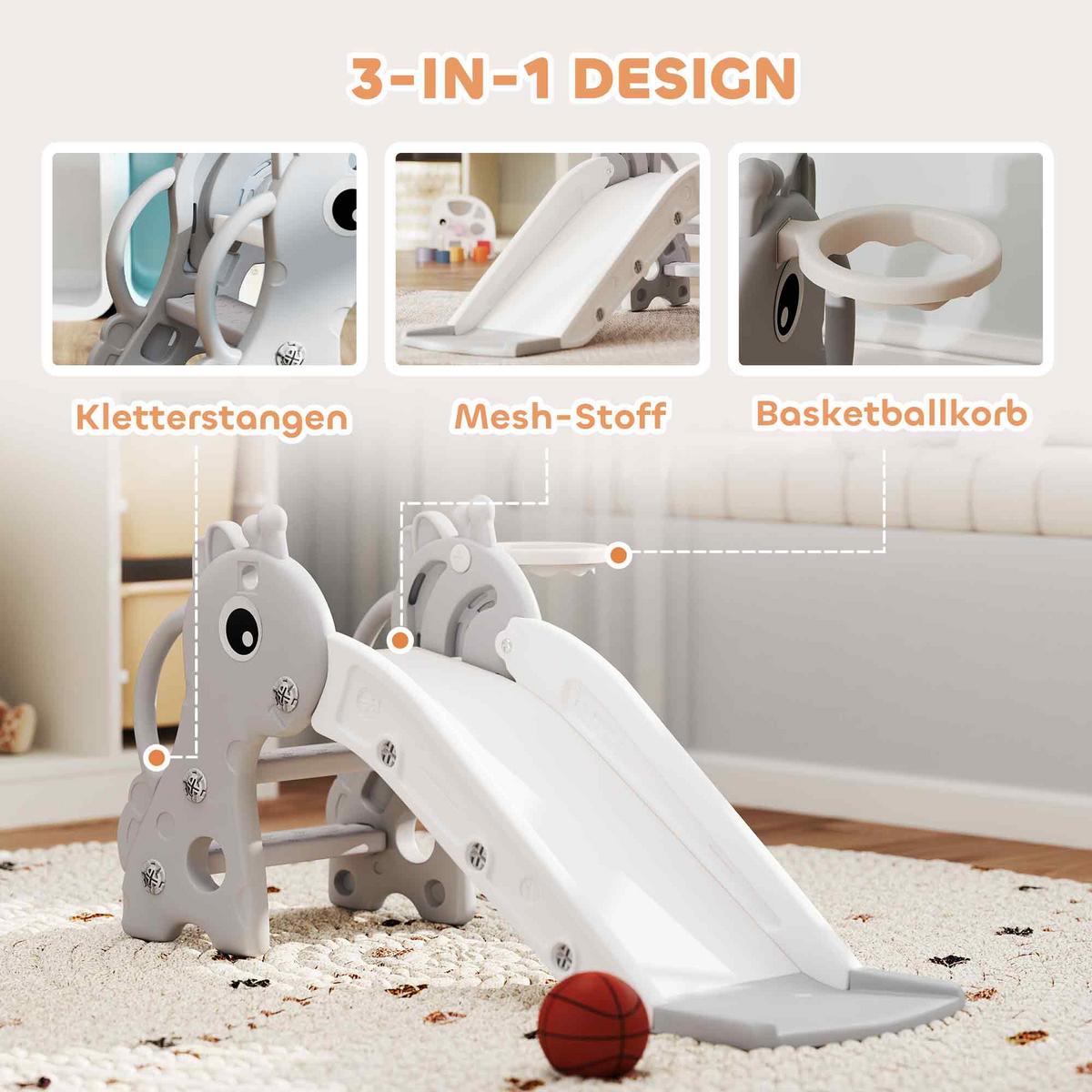 KINDERRUTSCHE, 3 in 1, Kleinkinderrutsche mit Basketballkorb, Basketball, Grau - Grau, Kunststoff (51.5/52/106cm) - AIYAPLAY