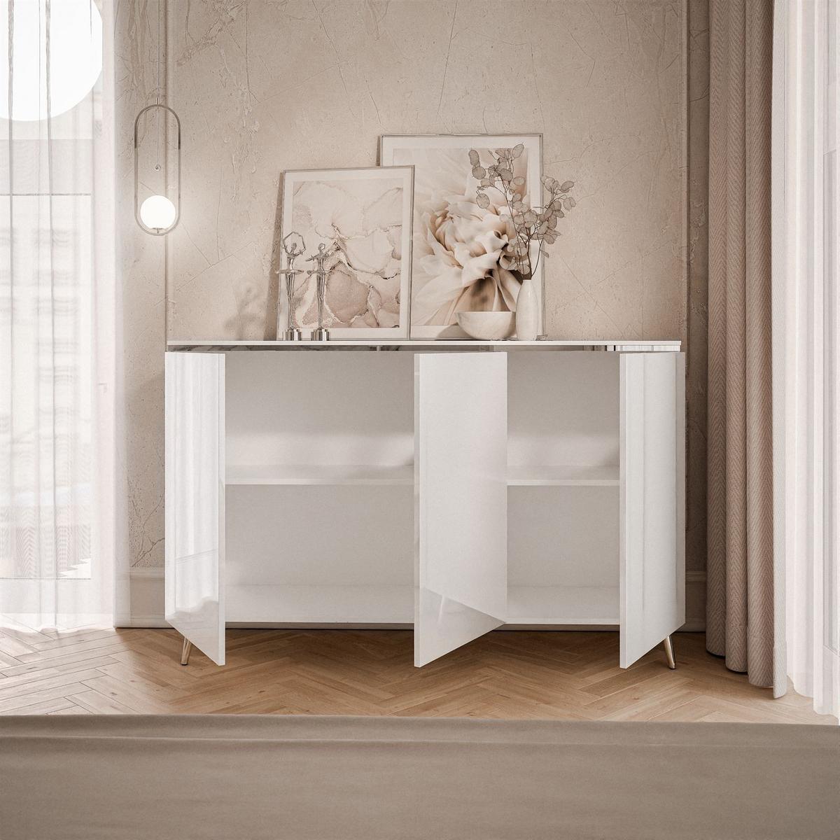 KOMMODE AURORA SILVER 3D – mit schrägen verchromten Beinen - Weiß Hochglanz/Silberfarben, Holzwerkstoff/Metall (140/90/40cm) - Lookway
