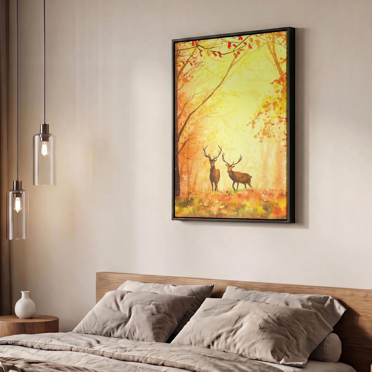 LEINWAND Bilder mit Rahmen - Natur - Ölfarbe - Hirsche - Tiere - Herbst - Orange - 50x70 - Orange, Textil (50/70cm) - MuchoWow