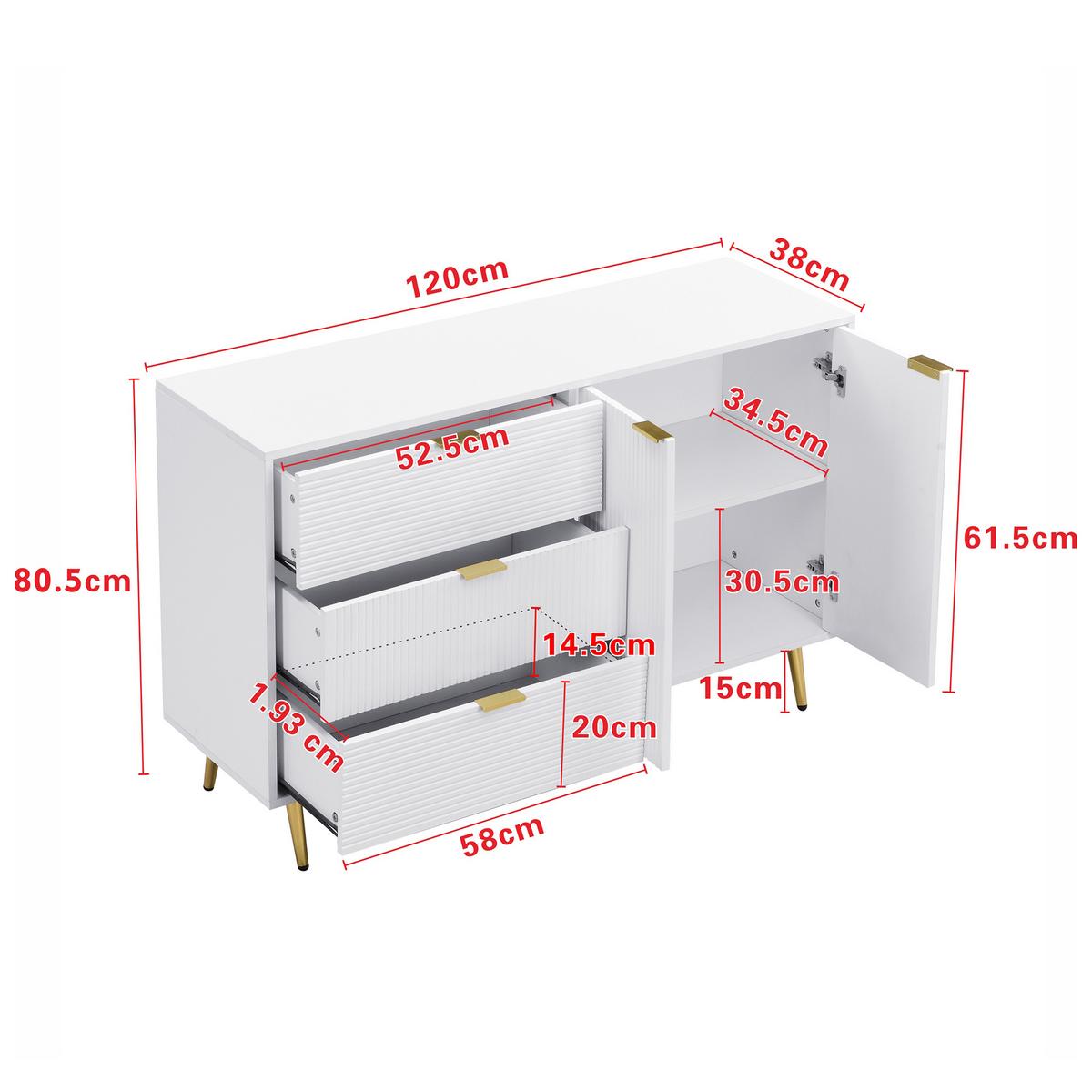 SIDEBOARD weiß & wellen-design mit 3 schubladen & 2 türen - Weiß, Holzwerkstoff (120/80.5/38cm) - Urban Meuble