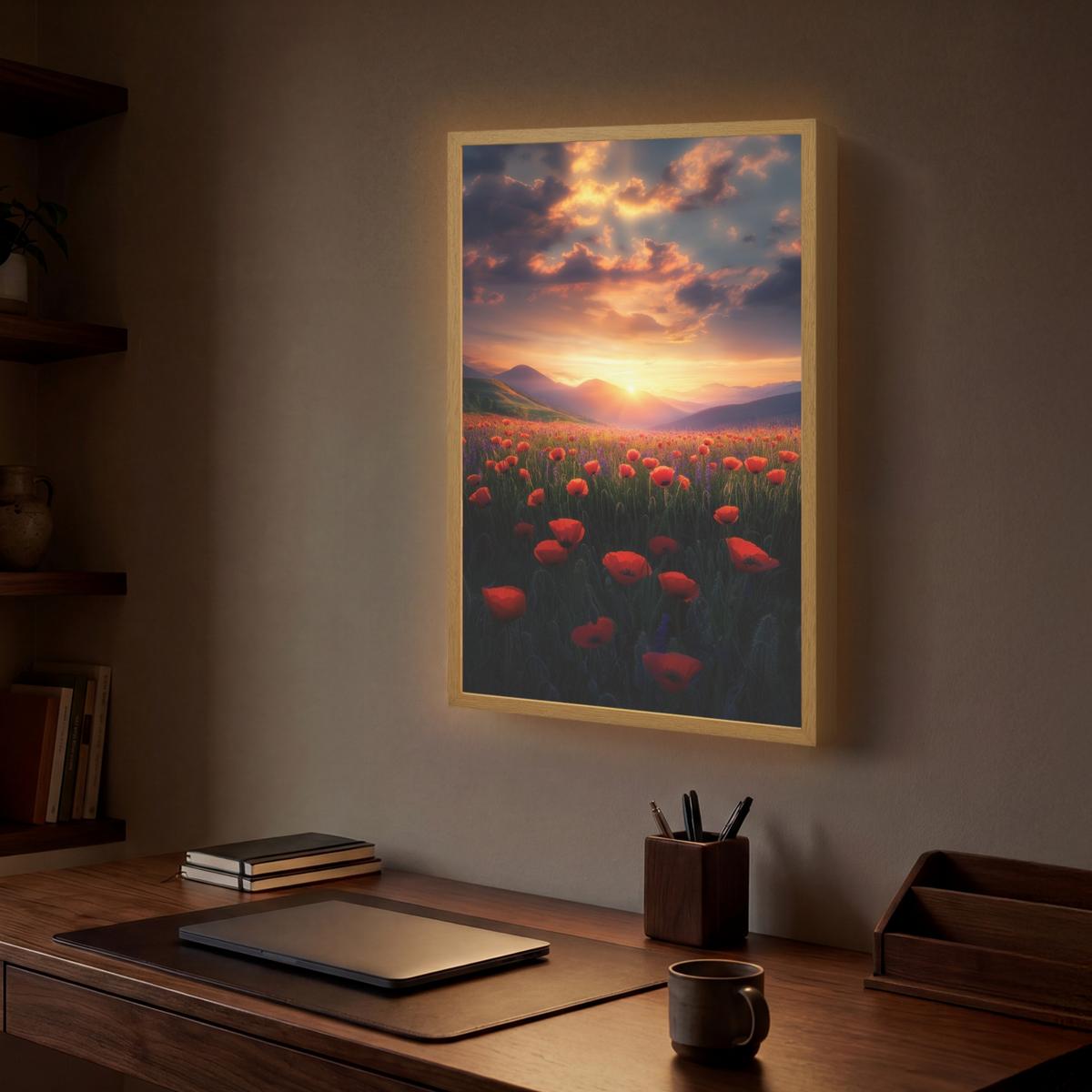 WANDLEUCHTE MIT AKKU Landschaft - Sonnenuntergang - Blumenfeld 40x60 cm - Rot, Holzwerkstoff (40/60/8cm) - OnlyWow