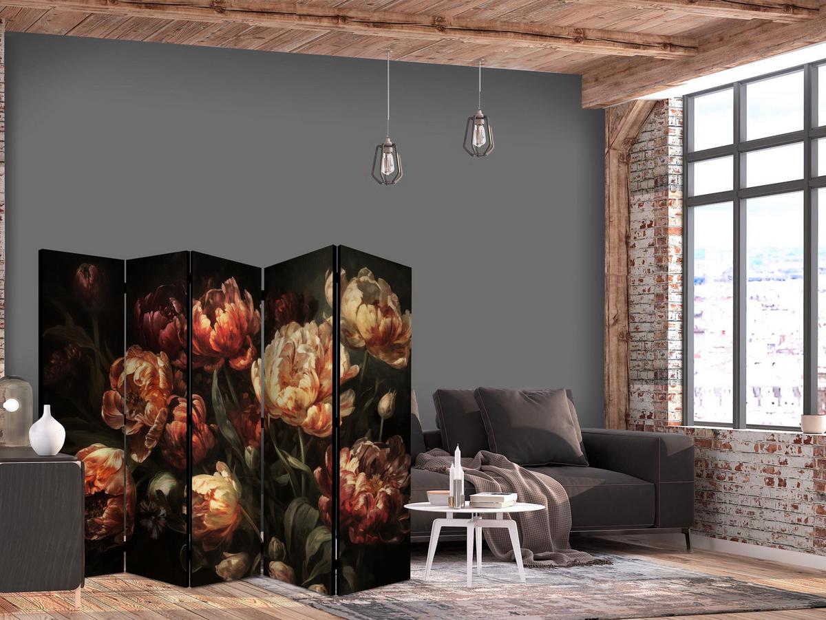 PARAVENT 5-tlg 225x172 cm Pfingstrosen im Retro - Multicolor, Holz/Textil (225/172/3cm) - Muralo