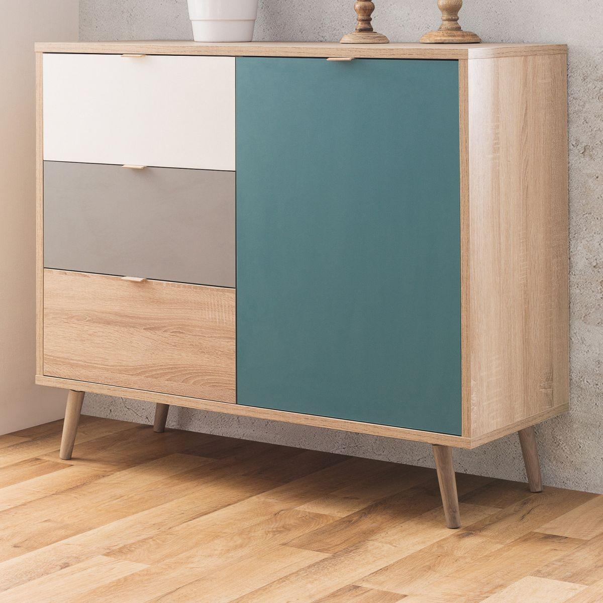 KOMMODE Eiche Sonoma, Petrol, weiß, grau, Anrichte Tricolor skandinavisch - Eichefarben/Petrol, Holz/Holzwerkstoff (103/87/40cm) - Furn.Design