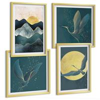 BILDER SET 4er Set - 50x50 cm & 40x60 cm Goldrahmen - Vögel, Kraniche, Mond, Berge - Goldfarben, Kunststoff (50/50cm) - TULUP
