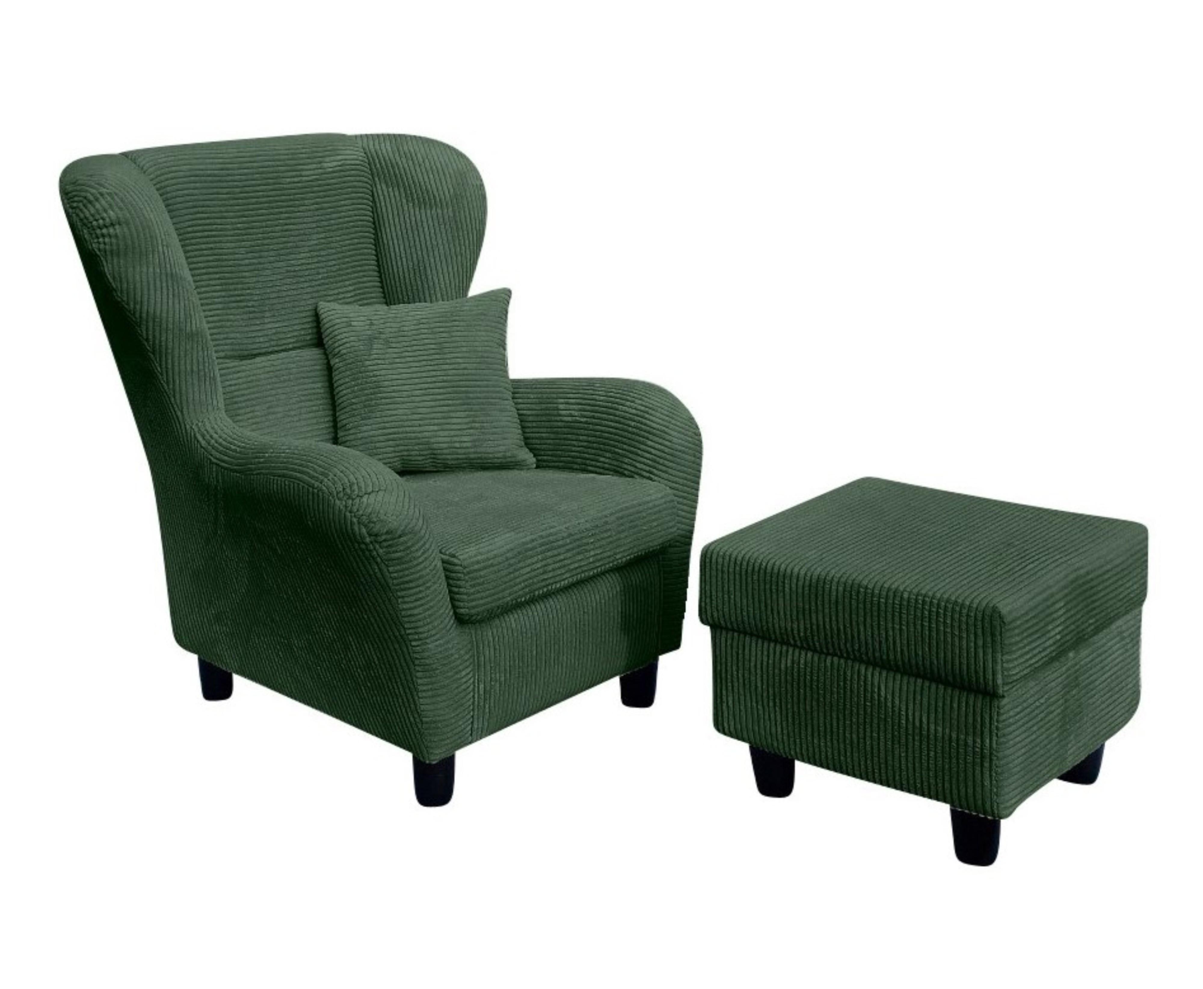 OHRENSESSEL mit HOCKER, hoher Sitzkomfort durch Wellenunterfederung B90/H98/T76 cm, Cord Grün / 18018 - Schwarz/Grün, Holz/Textil (90/98/76cm) - luma-home