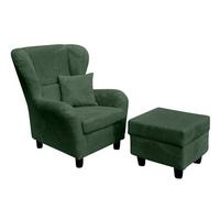 OHRENSESSEL mit HOCKER, hoher Sitzkomfort durch Wellenunterfederung B90/H98/T76 cm, Cord Grün / 18018 - Schwarz/Grün, Holz/Textil (90/98/76cm) - luma-home