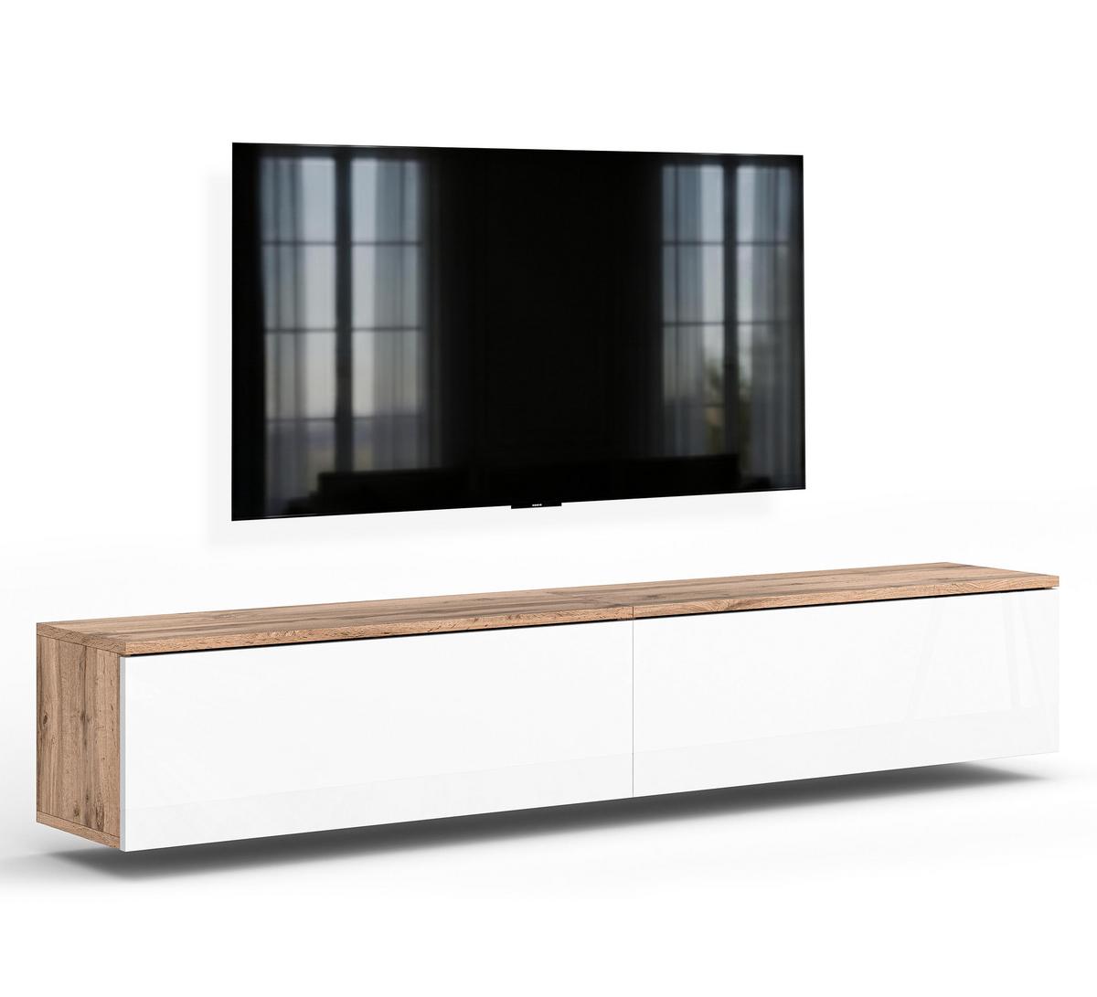 LOWBOARD Barvo 2x100 Eiche Wotan / Weiß Hochglanz 200/34/32 cm – hängendes TV-Board - Braun/Weiß, Holzwerkstoff (200/34/32cm) - AX Living