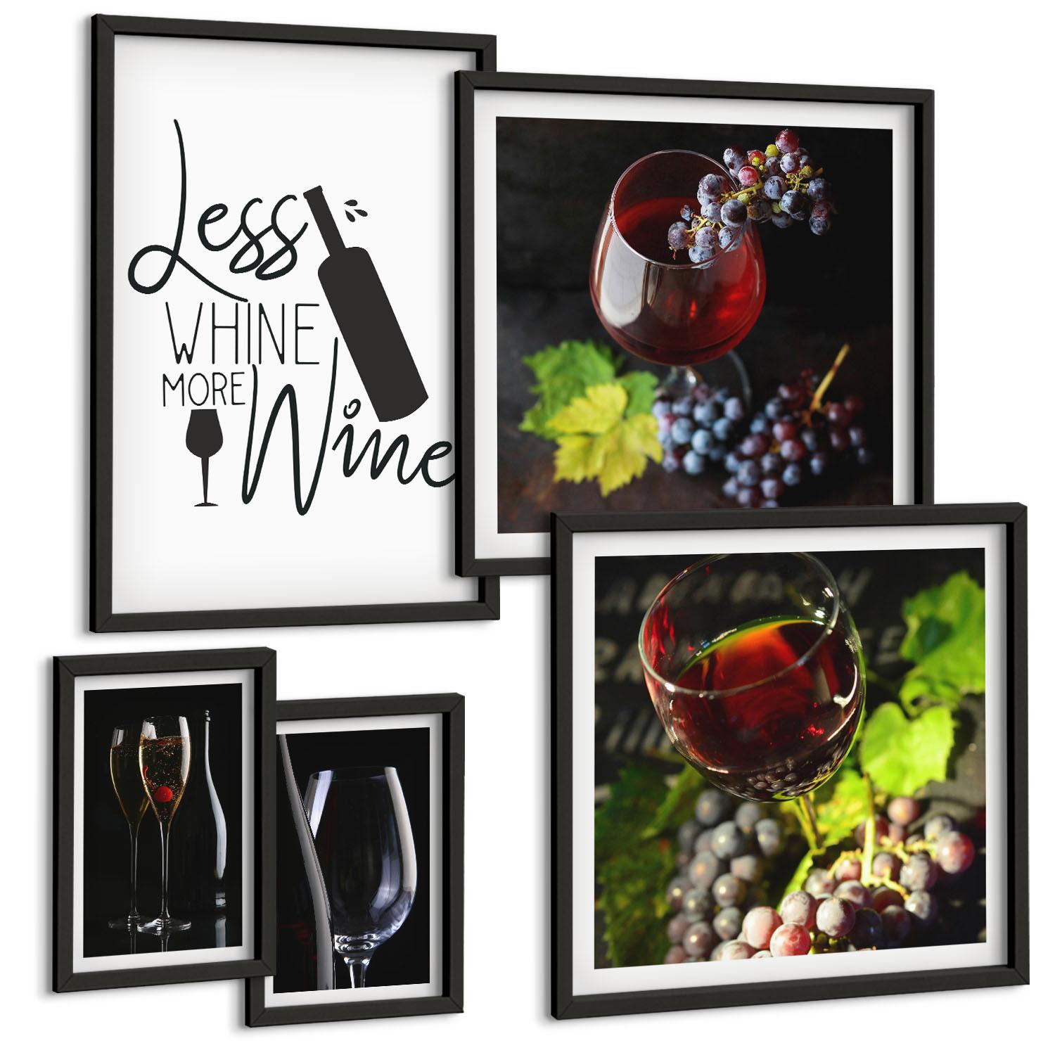 BILDER SET 5er Set - 50x50 cm & 20x30 cm & 40x60 cm Schwarzer Rahmen - Weingläser mit Trauben und Inschrift - Schwarz, Kunststoff (40/60cm) - TULUP