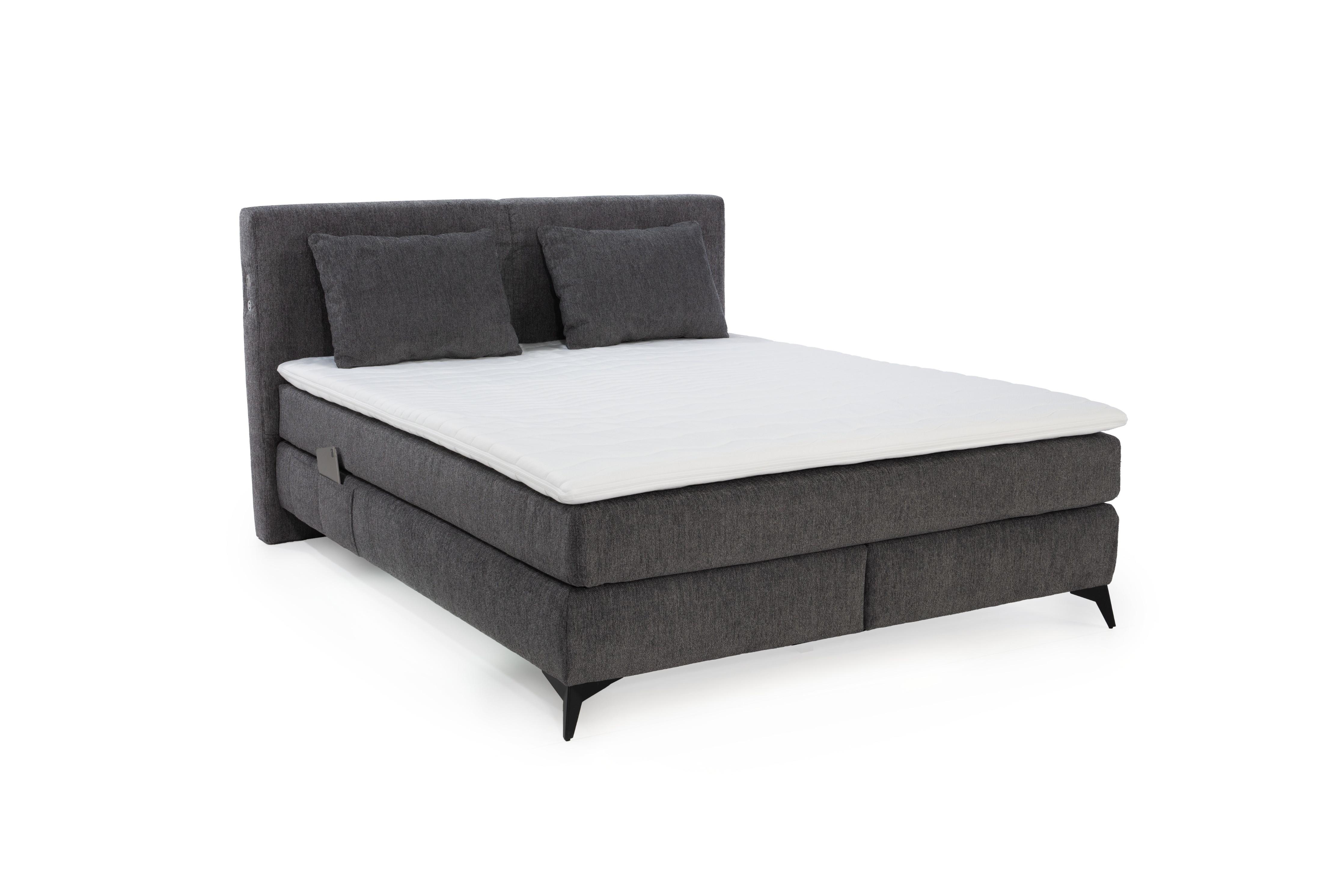 BOXSPRINGBETT 160x200 cm, 7-Zonen-Tonnentaschen-Federkernmatratzen H3+H4, Topper, Bonell-Federkern,Beleucht.,USB-Ladeports, Chenille Dunkelgrau /20044 - Dunkelgrau/Schwarz, Textil/Metall (160/200cm) - luma-home