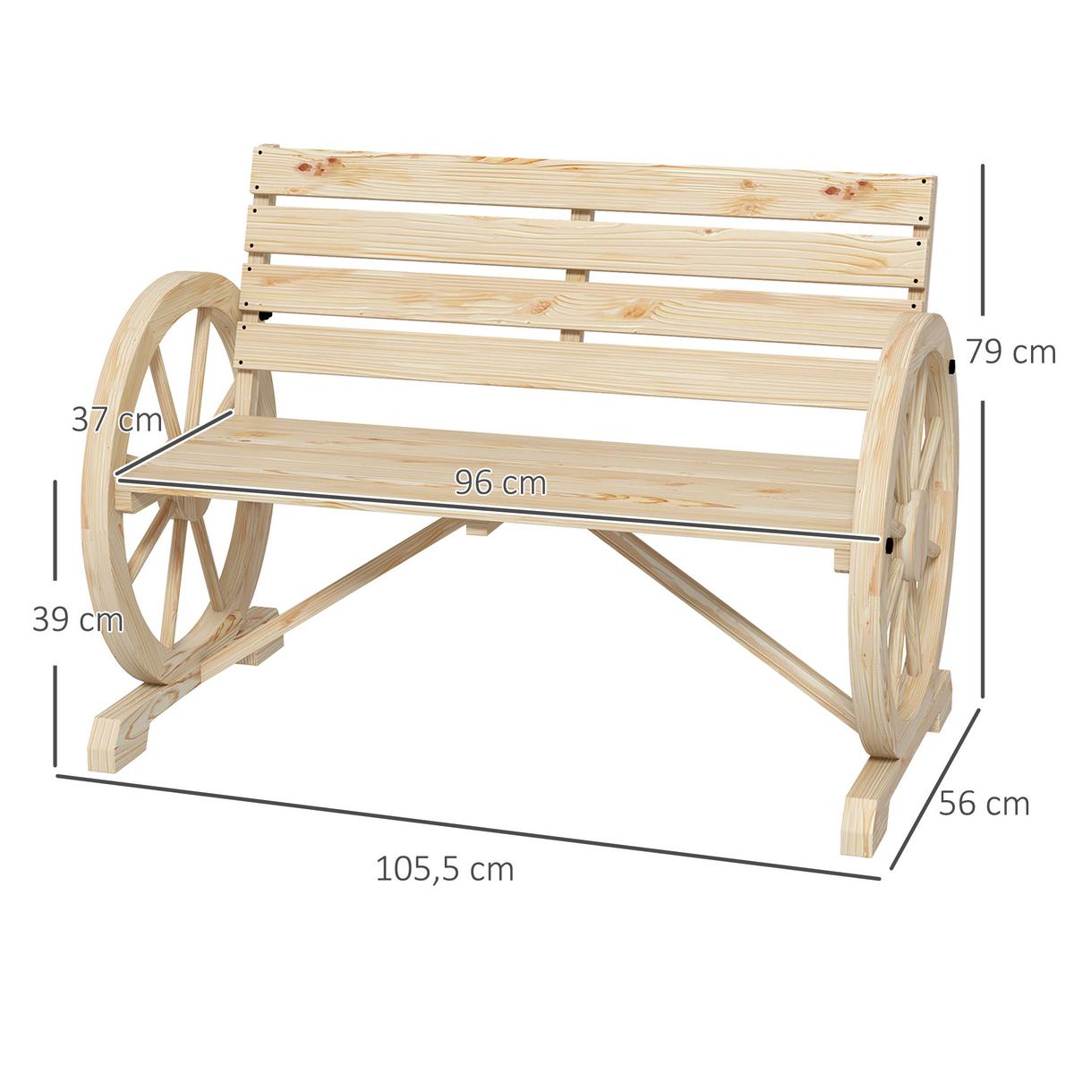2ER-GARTENBANK Sitzbank Wagenrad-Design rustikale Holzbank für 2 Personen - Naturfarben, Holz (56/79/105.5cm) - Outsunny
