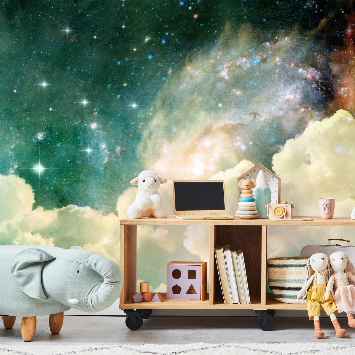 FOTOTAPETE für Kinderzimmer Kosmische Nebelwolken Sterne Galaxie Mystisch 200x140 - Türkis/Pastellgrün, Papier (200/140cm) - Muralo