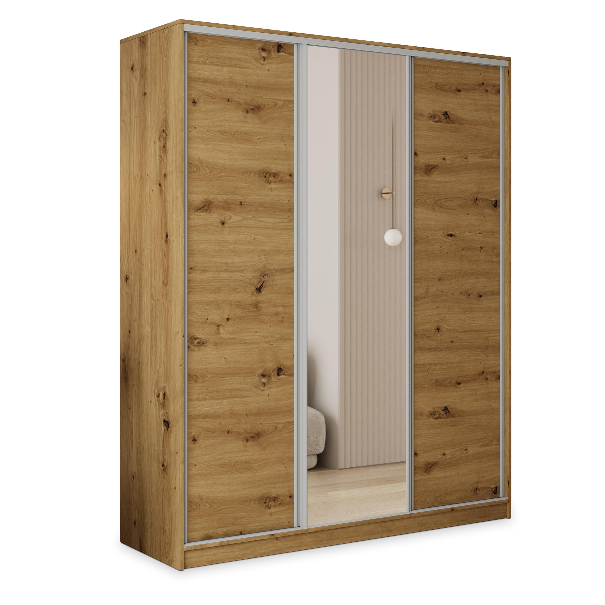 SCHWEBETÜRENSCHRANK TARI 160/205/58 cm 3-türig mit Spiegel und 4 Schubladen Eiche Artisan - Eiche Artisan, Holzwerkstoff (160/205/58cm) - MASSENO