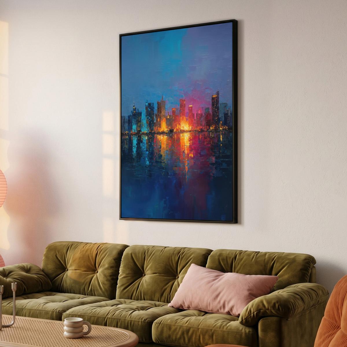 LEINWAND Bilder mit Rahmen - Skyline - Pinselstriche - Dunkelblau - Leuchtend - 80x120 - Blau, Textil (80/120cm) - MuchoWow