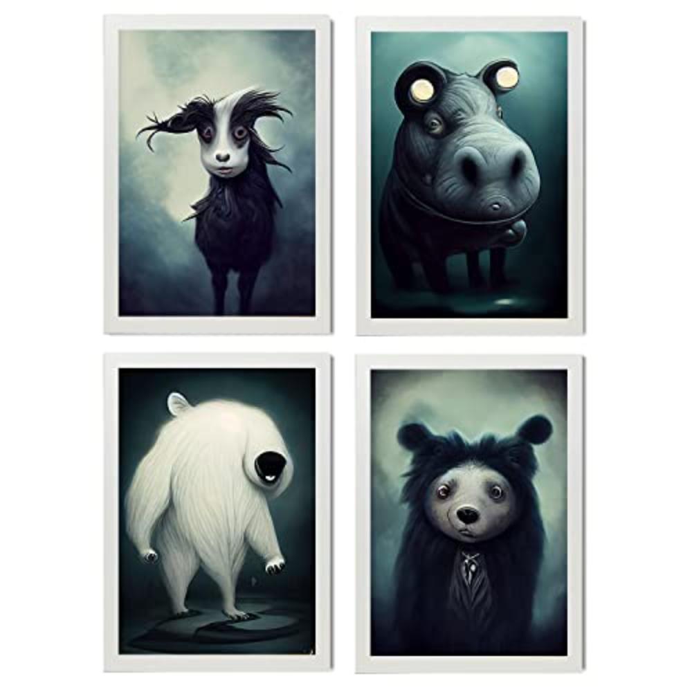 POSTER Set mit 4 Grässlich Tier im T Burton Goth Stil A3 Weißer Rahmen - Weiß, Papier (29.7/3cm) - Nacnic