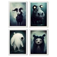 POSTER Set mit 4 Grässlich Tier im T Burton Goth Stil A3 Weißer Rahmen - Weiß, Papier (29.7/3cm) - Nacnic