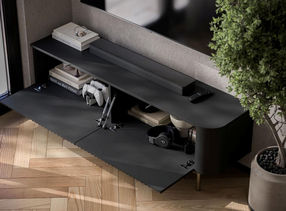TV-LOWBOARD Aurora 140 cm in Schwarz matt mit goldfarbenem Metallrahmen - Goldfarben/Schwarz, Holzwerkstoff/Metall (140/44/35cm) - Meble Lindner