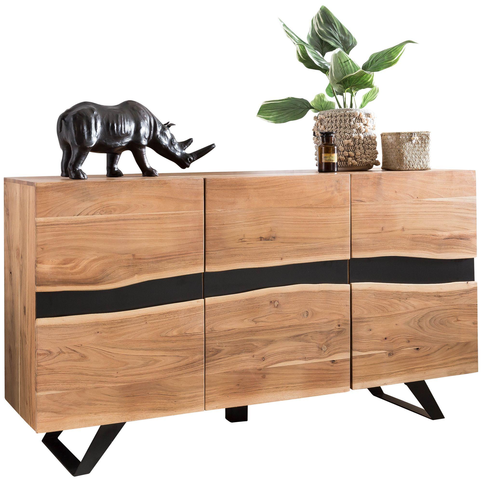 SIDEBOARD – Akazie Massivholz, 148x85x43 cm, Baumkante, Landhausstil, breit - Schwarz/Braun, Akazienholz/Holz (148/85/43cm) - KADIMA DESIGN