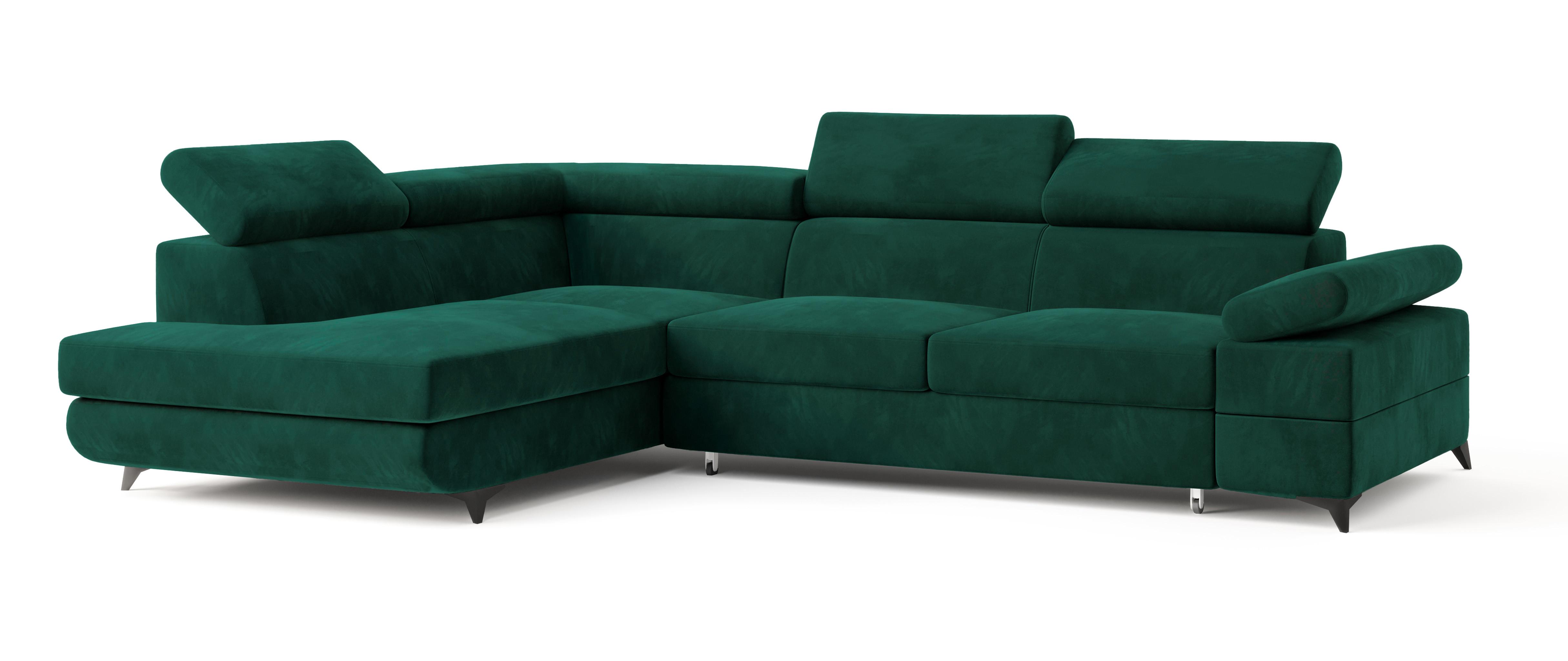 ECKSOFA FAVIEN L-S Grün Velours-Stoff mit Schlaffunktion - Grün, Holz (257/190cm) - MASSENO